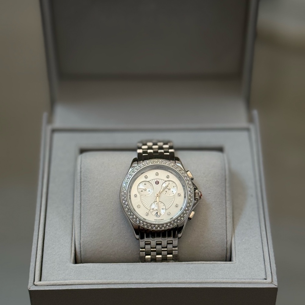 Michele Silver Chronograph Watch with Classic Link Band
